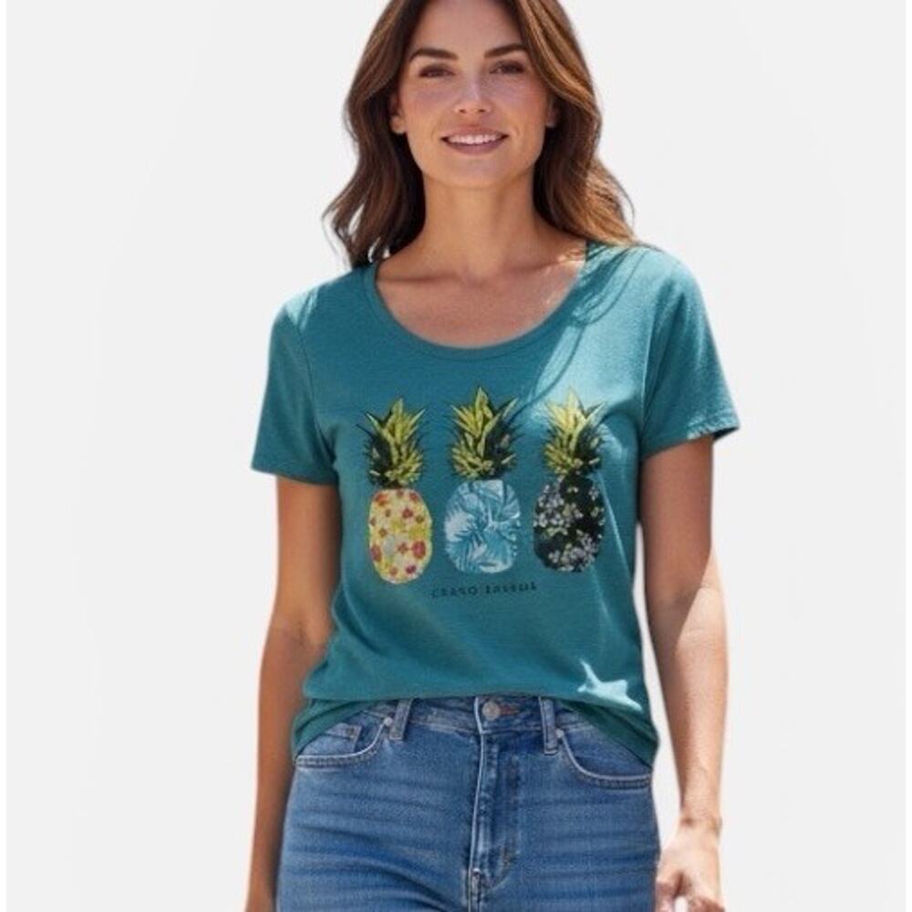 Cariloha Bamboo Crew Tee Aloha Pineapple Graphic Teal Blue Soft Heather - Small